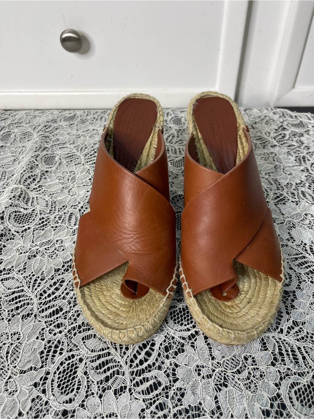 Vince Suraya Brown Leather Wedge Espadrille Slide Sandal Size 9M / 39 Rare
